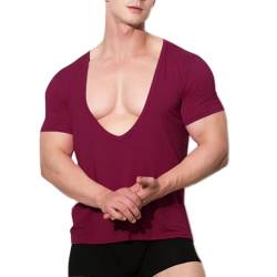 Herren Modal Weich & Stylisch Tiefer V-Ausschnitt Kurzarm T-Shirt mit tiefem Schnitt & Schlanke Passform & Dehnen Weinrot M von DLSMDOUS