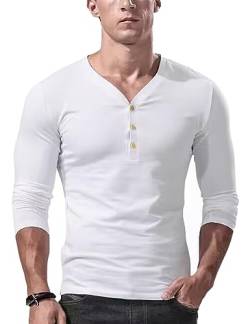 Herren Schlanke Passform Henley Hemden Langärmelig mit tiefem V-Ausschnitt Weiß 2XL von DLSMDOUS