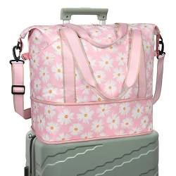 DMLuna Reisetasche, Sporttasche, Schultertasche, Wochenendtasche für Damen und Herren, Krankenhaustasche, erweiterbare Reisetasche mit Trolleyhülle/Nassfach, Z - Pink Daisy von DMLuna