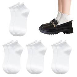 DMNQ 4 Paar Rüschen Socken,Socken Mit Rüschen Damen,Rüschen Socken Damen,Weiche Atmungsaktive Strick Knöchelsocken für Damen und Mädchen,Weiße von DMNQ