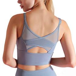 DMYG Damen Sport BH Yoga Fitness-Training mit Gepolstert Push Up Top BH Starker Halt ohne Bügel Bustier Blau L von DMYG