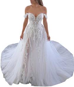 DMYG Spitze Beach Hochzeitskleid Für Braut 2020 Tüll Off Schulter Appliziert Braut Brautkleider Weiß 38 von DMYG
