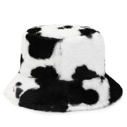 DNLKWGO Damen Winter Bucket Hat Fuzzy Warm Hut Kuh Print Stil Kunstfell Fischermütze, Schwarz , 7 1/8 von DNLKWGO