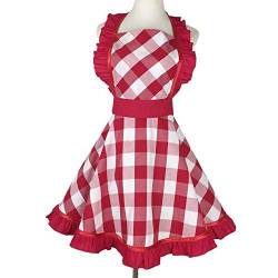DNLKWGO Retro Baumwolle Plaid Schürzen für Frauen mit Taschen Extra Lange Taillenbänder zum Kochen und Backen, rot, Einheitsgröße von DNLKWGO