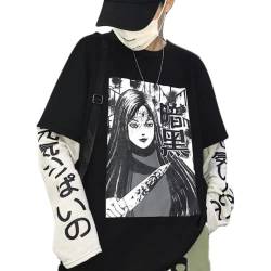 DOBRE Y2k Gothic Sweatshirt Grunge Japanischer Buchstaben Hoodie Gefälschte Zweiteilige Ästhetische T-Shirt Manga Dark Punk Harajuku Pullover, schwarz, Large von DOBRE