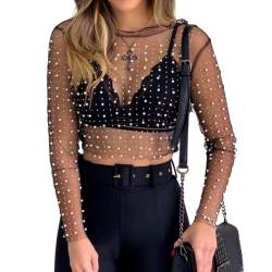 Damen Perle Durchsichtig Langarm Mesh Bluse Rundhals Durchsichtig Sommer Cover Up Strass Crop Top, schwarz, Klein von DOBRE