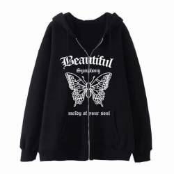 Damen Y2k Hoodie Fleece Gothic Schmetterling Kapuzenpullover Warm Ästhetisch Dunkle Academia Koreanisch Preppy Alt Emo Punk Pullover, schwarz, S von DOBRE