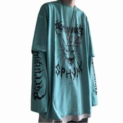 Y2k Katze Sweatshirt Oversize Fake 2 Stück T Shirt Grunge Korean Gothic Hoodie Ästhetische Dunkle Academia Retro Alt Emo Pullover, blau, XXL von DOBRE