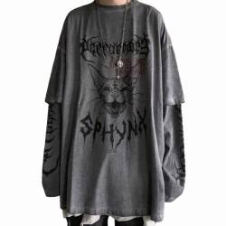Y2k Katze Sweatshirt Oversize Fake 2 Stück T Shirt Grunge Korean Gothic Hoodie Ästhetische Dunkle Academia Retro Alt Emo Pullover, grau, L von DOBRE