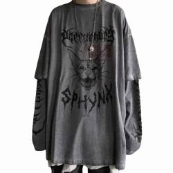 Y2k Katze Sweatshirt Oversize Fake 2 Stück T Shirt Grunge Korean Gothic Hoodie Ästhetische Dunkle Academia Retro Alt Emo Pullover, grau, M von DOBRE