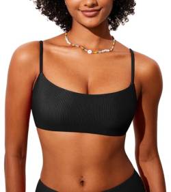 DOBRAVA Damen Bikini Oberteil Badeanzug U-Ausschnitt Sexy String Ribbed Gepolsterte Crop Top Tango Schwarz 38 von DOBREVA