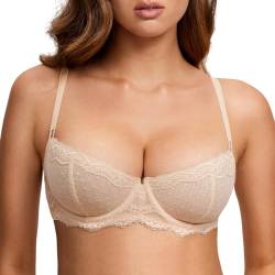 DOBREVA Balconette BH Damen mit Bügel Push Up Dirndl Spitze BHS Sexy Grosse Grössen Ungefüttert Beige 85D von DOBREVA