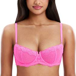 DOBREVA Balconette BH Damen mit Bügel Push Up Dirndl Spitze BHS Sexy Grosse Grössen Ungefüttert Neon-Rosa 85B von DOBREVA