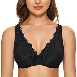 DOBREVA Damen BH Ohne Polster Mit Spitze Große Größen Bügel Weiches Cup Sexy Minimizer Schwarz 75F von DOBREVA