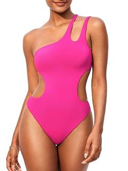 DOBREVA Damen Badeanzug Einteiler Sexy One Shoulder Cutout Gepolsterte Bauchweg Bademode Monokini Hibiskus-Purpur 40 von DOBREVA