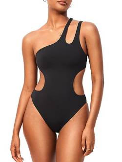 DOBREVA Damen Badeanzug Einteiler Sexy One Shoulder Cutout Gepolsterte Bauchweg Bademode Monokini Schwarz 38 von DOBREVA