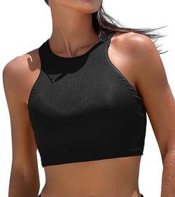 DOBREVA Damen Bikini Oberteil Hoher Hals Badeanzug Racerback Ribbed Gepolsterte Swim Crop Top Schwarz 38 von DOBREVA