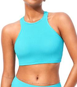 DOBREVA Damen Bikini Oberteil Hoher Hals Badeanzug Racerback Ribbed Gepolsterte Swim Crop Top Türkis 40 von DOBREVA