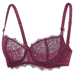 DOBREVA Damen Dirndl BH Push Up Balconette Spitzen BHS Sexy Durchsichtig Große Größen mit Bügel Traubenwein 80D von DOBREVA