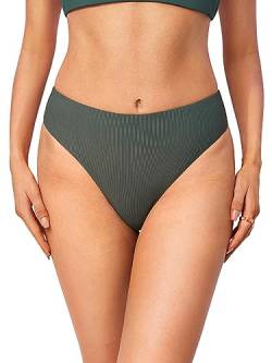 DOBREVA Damen High Waist Bikinihose Bauchweg Hoher Schnitt Ribbed Shape Badeanzug Unterteil Platanen Grün 40 von DOBREVA