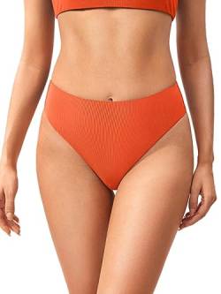 DOBREVA Damen High Waist Bikinihose Bauchweg Hoher Schnitt Ribbed Shape Badeanzug Unterteil Sonnenstein 38 von DOBREVA