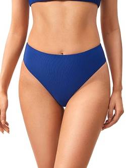 DOBREVA Damen High Waist Bikinihose Bauchweg Hoher Schnitt Ribbed Shape Badeanzug Unterteil Wellen Blau 42 von DOBREVA