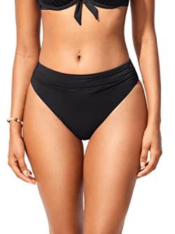 DOBREVA Damen Hoch Taillierte Bikinihose mit Gerüschter Optik Bauchweg Retro Hoher Schnitt Badeanzug Unterteil Schwarz 42 von DOBREVA