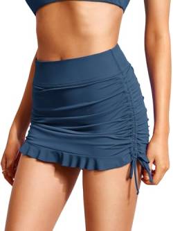 DOBREVA Damen Hoch Taillierte Bikinirock mit Gerüschter Schnüren Bauchweg Retro Hoher Schnitt Bademode Abzeichen Blau 38 von DOBREVA