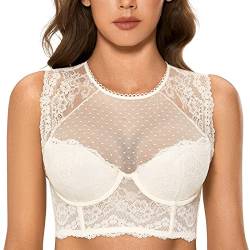 DOBREVA Damen Korsett BH Spitze Longline Top mit Integriertem BH Große Größen Hochgeschlossenes Bustier Elfenbein 75E von DOBREVA