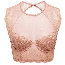 DOBREVA Damen Korsett BH Spitze Longline Top mit Integriertem BH Große Größen Hochgeschlossenes Bustier Sahnekaffee 85D von DOBREVA