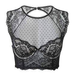 DOBREVA Damen Korsett BH Spitze Longline Top mit Integriertem BH Große Größen Hochgeschlossenes Bustier Schwarz 75B von DOBREVA