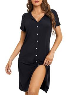 DOBREVA Damen Nachthemden Kurzarm Button Down Nachtwäsche V-Ausschnitt Sleepshirt Pyjamakleid Schwarz 38 von DOBREVA