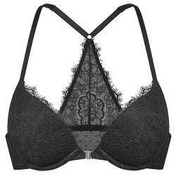 DOBREVA Damen Push Up BH Vorderverschluss Racerback Spitzen BHS Bügel Gepolstert für Tiefen Ausschnitt Schwarz 75A von DOBREVA