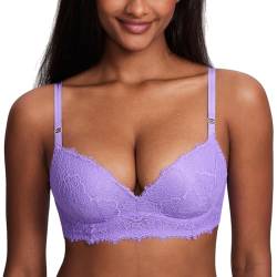 DOBREVA Damen Push Up BH ohne Bügel Soft Spitze Bügelloser BHS Gepolstert Bequemer Tiefer Ausschnitt Himmelviolett 95C von DOBREVA