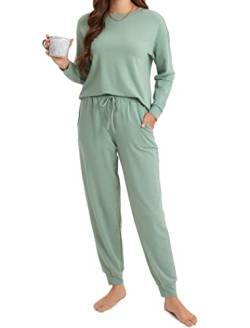 DOBREVA Damen Pyjama Set Schlafanzüge Lounge Soft PJ Langarm Loungewear Zweiteiliger Nachtwäsche Avocado 36 von DOBREVA