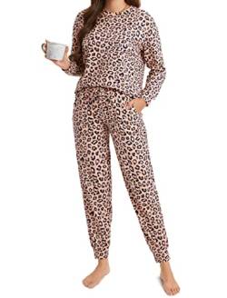 DOBREVA Damen Pyjama Set Schlafanzüge Lounge Soft PJ Langarm Loungewear Zweiteiliger Nachtwäsche Hellrosa Leopard 40 von DOBREVA