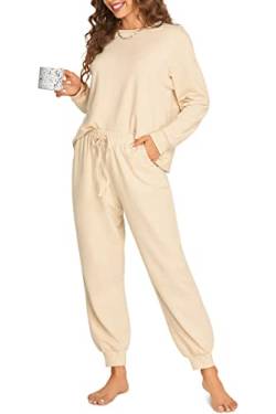 DOBREVA Damen Pyjama Set Schlafanzüge Lounge Soft PJ Langarm Loungewear Zweiteiliger Nachtwäsche Schwan Weiß 38 von DOBREVA