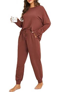 DOBREVA Damen Pyjama Set Schlafanzüge Lounge Soft PJ Langarm Loungewear Zweiteiliger Nachtwäsche Verdorrte Rose 38 von DOBREVA