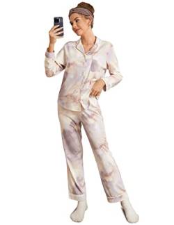 DOBREVA Damen Schlafanzug Zweiteiliger Langarm und Lang Hose Nachtwäsche Baumwolle mit Knopfleiste Pyjama Set Fliederfarbener Tie Dye 36 von DOBREVA