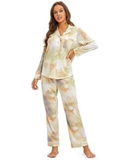 DOBREVA Damen Schlafanzug Zweiteiliger Langarm und Lang Hose Nachtwäsche Baumwolle mit Knopfleiste Pyjama Set Grüner Tie-Dye 38 von DOBREVA