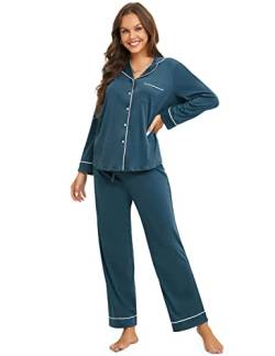 DOBREVA Damen Schlafanzug Zweiteiliger Langarm und Lang Hose Nachtwäsche Baumwolle mit Knopfleiste Pyjama Set Korsarenblau 44 von DOBREVA