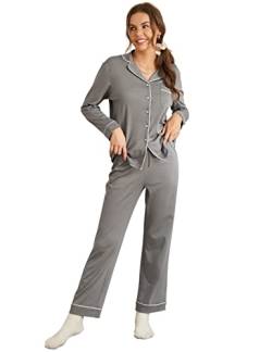 DOBREVA Damen Schlafanzug Zweiteiliger Langarm und Lang Hose Nachtwäsche Baumwolle mit Knopfleiste Pyjama Set Neutrales Grau 36 von DOBREVA