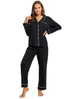 DOBREVA Damen Schlafanzug Zweiteiliger Langarm und Lang Hose Nachtwäsche Baumwolle mit Knopfleiste Pyjama Set Schwarz 38 von DOBREVA