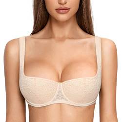 DOBREVA Damen Sexy Balconette BH Spitze BHS mit Bügel Leicht Gepolstert Push Up Große Größen Beige 80D von DOBREVA