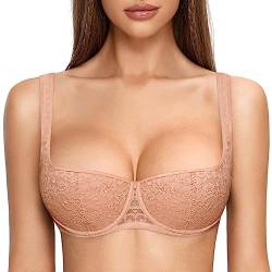 DOBREVA Damen Sexy Balconette BH Spitze BHS mit Bügel Leicht Gepolstert Push Up Große Größen Sahnekaffee 70B von DOBREVA