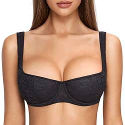 DOBREVA Damen Sexy Balconette BH Spitze BHS mit Bügel Leicht Gepolstert Push Up Große Größen Schwarz 90H von DOBREVA