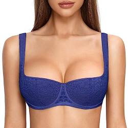 DOBREVA Damen Sexy Balconette BH Spitze BHS mit Bügel Leicht Gepolstert Push Up Große Größen Starshine Blau 90C von DOBREVA