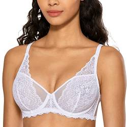 DOBREVA Damen Spitze Bralette Minimizer Bügel BH Sexy Durchsichtig Ungefüttert Weiss 70G von DOBREVA