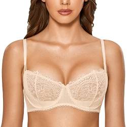 DOBREVA Damen Spitze Dirndl BH Push Up Sexy Balconette BHS Bügel Große Größen Durchsichtig Beige 85G von DOBREVA