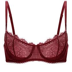 DOBREVA Damen Spitze Dirndl BH Push Up Sexy Balconette BHS Bügel Große Größen Durchsichtig Dunkelrot 85G von DOBREVA